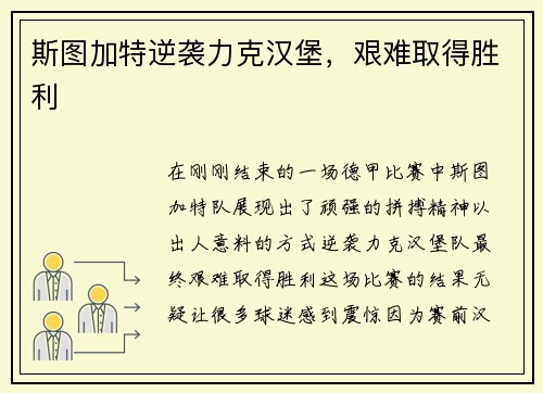 斯图加特逆袭力克汉堡，艰难取得胜利
